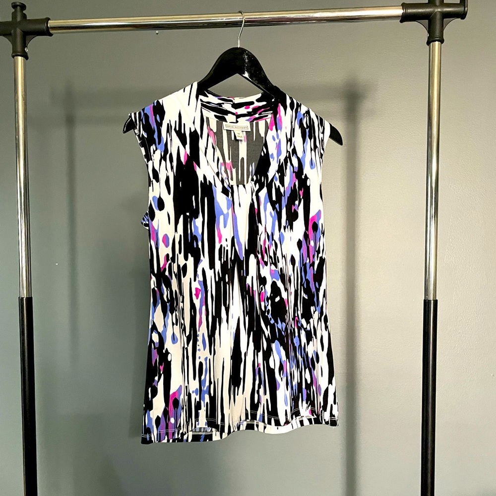 Black, Blue, & Pink Design on White Sleeveless Blouse